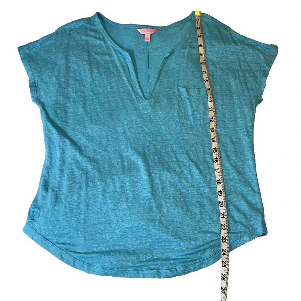 Lilly Pulitzer Large Blue 100% Linen V-Neck Pocket Tee Shirt Short Sleeve Top - Picture 7 of 7